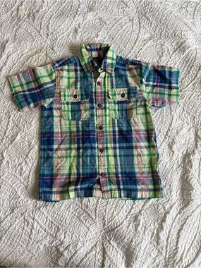 Tea Collection Yellow Green Blue Plaid Short-Sleeve Button Down